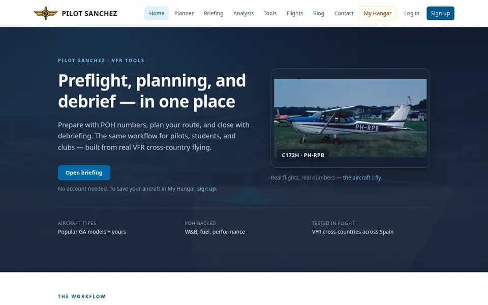 Portada de la web de Pilot Sanchez: herramientas de preparación, planificación y análisis de vuelos VFR.