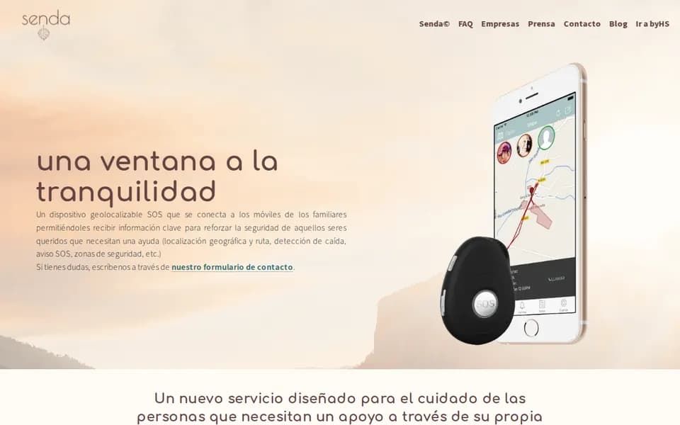 Portada de la web de Senda: un localizador SOS junto a la app con el mapa de ubicación.